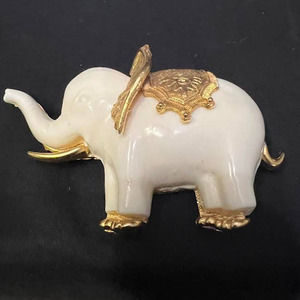 Vintage 3.5" by 2" Faux Ivory Elephant Brooch/Pin with Gold Tones.